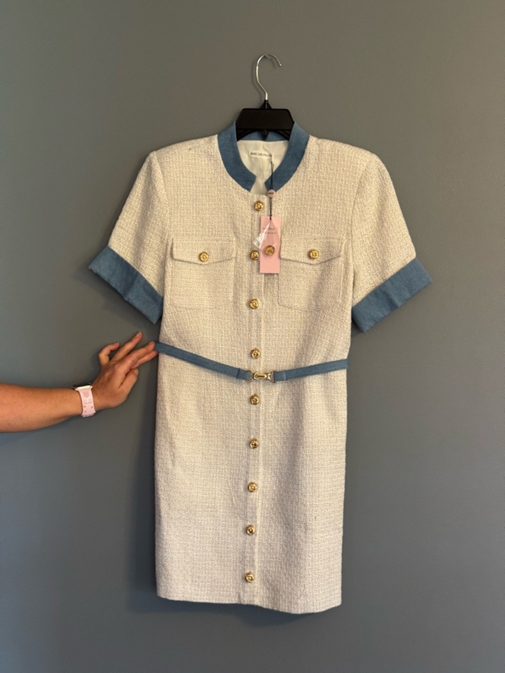 Avec Les Filles Cream Tweed Mini Dress with Blue Trim